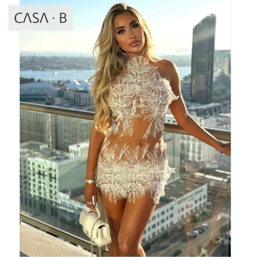SOON💫to CASA B | The Estelle Rhinestone Pearl Mesh Mini Dress